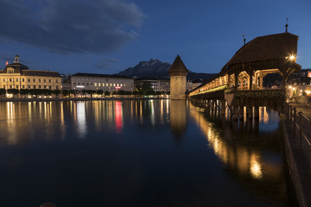Lucerne, Switzerland June 7 2017: Lucerne with wooden bridge called chapel bridge by night; EDITORIALのeditorial素材