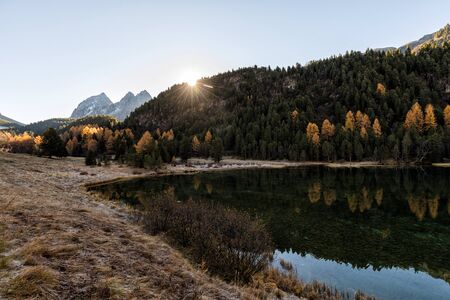 Stunning view of the Palpuogna lake near Albula pass with golden trees in autumn, Canton of Grisons, Switzerlandの写真素材