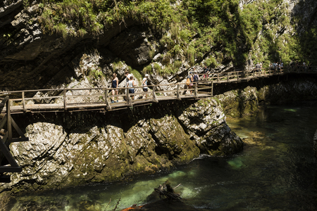 The famous Vintgar gorge canyon with wooden pats near Triglav National Park, Sloveniaのeditorial素材