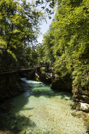 Bled, Slovenia - July 10, 2017: The famous Vintgar gorge canyon with wooden pats near Triglav National Park, Sloveniaのeditorial素材