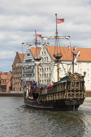Danzig, Poland - July 7 2016: An old cruise ship on Motlawa (Mottlau) river in old city of Gdanskのeditorial素材