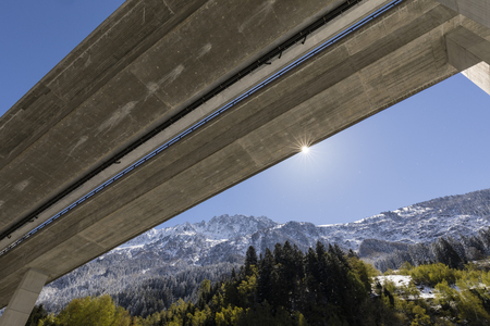 Motorway bridge of the Gotthard motorway photographed from below in Reusstal valley, Central Switzerlandの写真素材