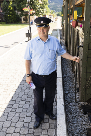Mokra Gora, Serbia, July 17 2017: Train driver is waiting for a train on the departure signal of the locomotive driver.のeditorial素材