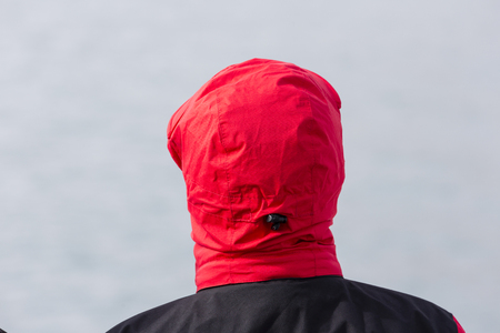 Person with a red hood taken from behind looks out to the sea