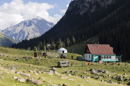 Altyn-Arashan, Kyrgyzstan, August 13 2018: Yurt Camps in the valley of Altyn-Arashan near Karakol in Kyrgyzstanのeditorial素材
