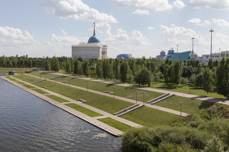 Astana, Kazakhstan, August 3 2018: Skyline of downtown Astana with Yesil River and the Residence of the President Ak Orda during the summerのeditorial素材