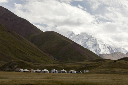 Tulpar, Kyrgyzstan August 21 2018: Yurt Base Camp at Tulpar Lake at the foot of Peak Lenin in Kyrgyzstanのeditorial素材