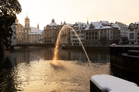 Lucerne, Switzerland, February 4, 2019: Lucerne with reuss river and historic old town on a wonderful winter morningのeditorial素材