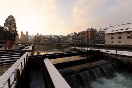 Lucerne, Switzerland, February 4, 2019: Lucerne with reuss river and historic old town on a wonderful winter morningのeditorial素材