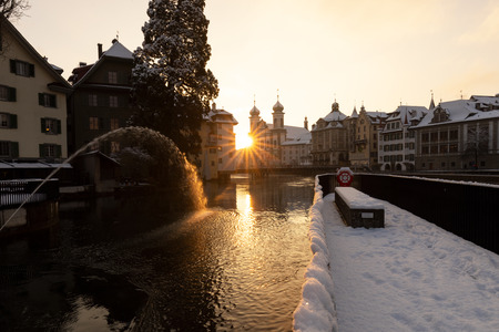Lucerne, Switzerland, February 4, 2019: Lucerne with reuss river and historic old town on a wonderful winter morningのeditorial素材
