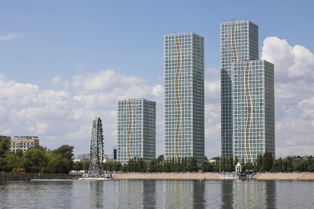 Astana, Kazakhstan, August 4 2018: Skyline of downtown Astana with modern skyscraper and Yesil River during the summerのeditorial素材