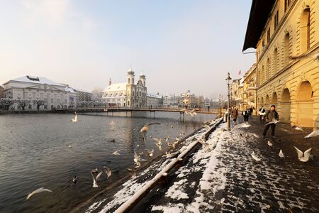 Lucerne, Switzerland, February 4, 2019:  Seagulls fly around the banks of the river Reuss on a beautiful winter morning in Lucerne. In the background you can see the Jesuit church with the Reuss footbridgeのeditorial素材