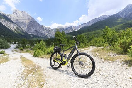 Valley of Theth with a bike in the dinaric alps in Albaniaのeditorial素材