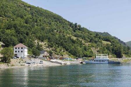 Fierza, Albania, July 7 2019: Arrival in Fierza with the car ferry after a trip on the Komani Lake in Albaniaのeditorial素材