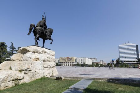 Tirana, Albania, July 8 2019: Skanderbeg monument and sculpture on Skanderbeg Square. This is in capital of Albaniaのeditorial素材