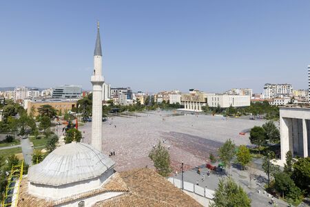 Tirana, Albania, July 8 2019: Aerial view on the Skanderbeg square with the Ethem Bey mosque in the foreground in Tiranaのeditorial素材