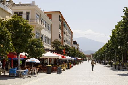 Berat, Albania, July 9 2019: Pedestrian area bulevardi republika with park on a summer day in Berat.のeditorial素材