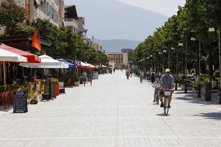 Berat, Albania, July 9 2019: Pedestrian area bulevardi republika with park on a summer day in Berat.のeditorial素材