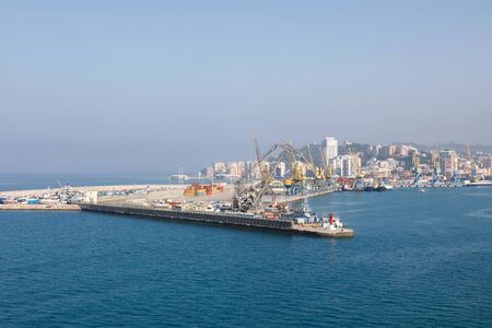 Durres, Albania, July 4 2019: Industrial port in Durres Albania with loading cranes and containersのeditorial素材