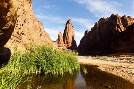 Wadi Disah, also known as Wadi Qaraqir, is a 15 kilometer long canyon running through the Jebel Qaraqir, a sandstone massif lying about 80 kilometers south of the city of Tabuk in Saudi Arabiaの写真素材