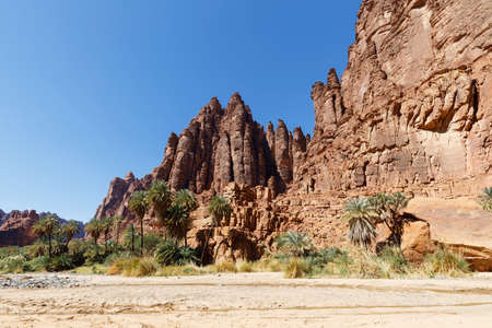 Wadi Disah, also known as Wadi Qaraqir, is a 15 kilometer long canyon running through the Jebel Qaraqir, a sandstone massif lying about 80 kilometers south of the city of Tabuk in Saudi Arabiaの写真素材