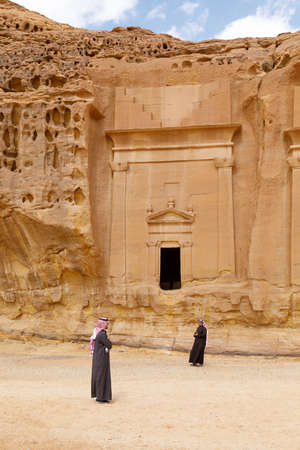 Al Ula, Saudi Arabia, February 19 2020: Two Saudis visit the graves of Jabal Al Ahmar, KSAのeditorial素材