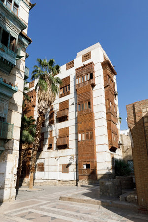 Old town of Jeddah with th historic wooden balconies in the Al Balad district, Saudi Arabiaの写真素材