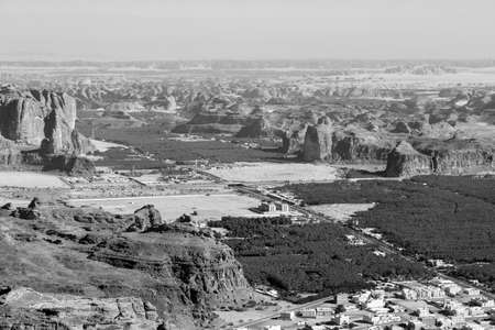 View towards Al Ula, an oasis in the middle of the mountainous landscape of Saudi Arabiaの写真素材