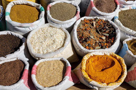 Close-up of spices being sold in a market in Abha, Saudi Arabiaの写真素材