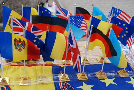 Moldova flag with european and us flagのeditorial素材