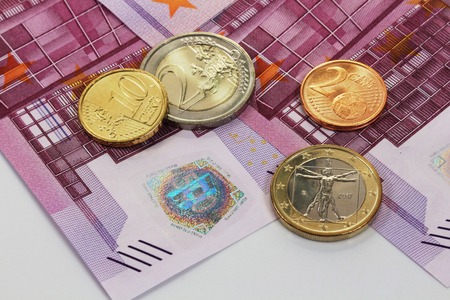 500 euros, European banknotes and coinsの写真素材