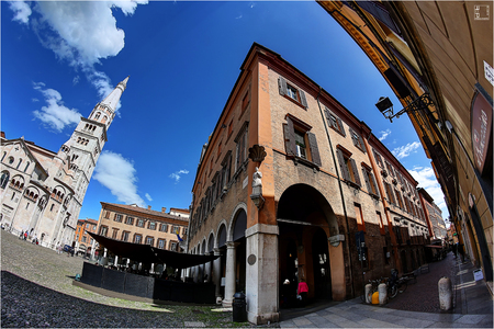 Modena, Italy, Piazza Grande, Ghirlandina and Bonissima statue, fish -eye photo