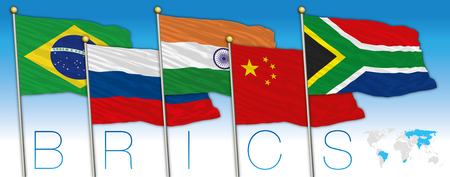 BRICS coutries flags and map, vector illustrationの写真素材