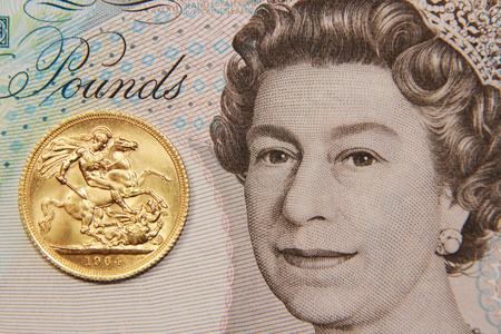 One british pound gold with banknote, old type, 1964のeditorial素材