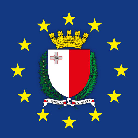 Malta coat of arms on the European Union flag, vector illustrationのイラスト素材