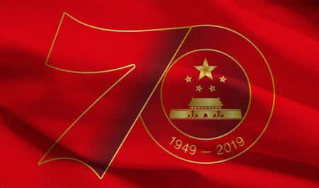 China, flag with the symbol of the seventieth anniversary of foundation, 1949-2019のeditorial素材