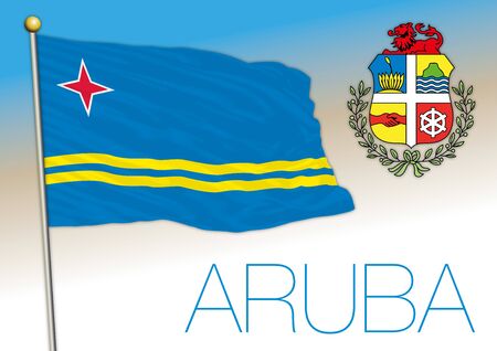 Aruba island national flag and coat of arms, vector illustrationのイラスト素材