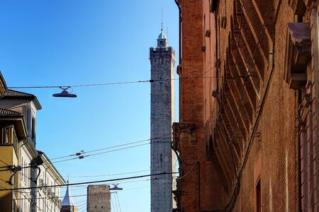 Bologna - Italy, December 2019, touristic city landscape, Garisenda towerの写真素材