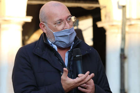 MODENA - ITALY, October 18, 2020 - Stefano Bonaccini, Emilia Romagna regional President, public speech in a premiation event in Piazza Grande squareのeditorial素材