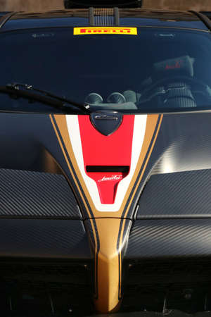 MODENA, ITALY, July 1 2021 - Motor Valley Fest exhibition, Pagani Imola super car in the square,...