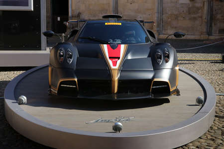 MODENA, ITALY, July 1 2021 - Motor Valley Fest exhibition, Pagani Imola super car in the square,...