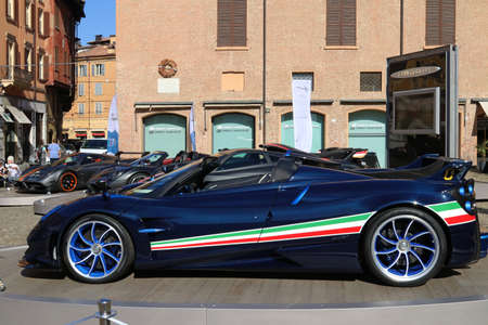 MODENA, ITALY, July 1 2021 - Motor Valley Fest exhibition, Pagani Huayra Tricolore super car