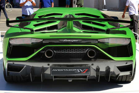 Modena, Italy, july 1 2021 - Lamborghini Aventador SVJ sport car detail, Motor Valley Exhibition