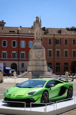 Modena, Italy, july 1 2021 - Lamborghini Aventador SVJ sport car, Roma square in Modena city, Motor...