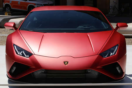 Modena, Italy, july 1 2021 - Lamborghini Huracan Evo RWD sport car detail, Motor Valley Exhibition