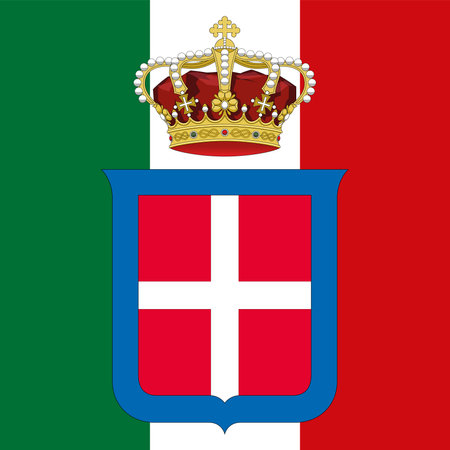 Kingdom of Italy historical coat of arms on the tricolor flag, vector illustrationのイラスト素材