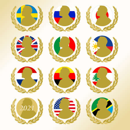 Nobel Prize symbols winners 2021 with national falgs, vector illustrationのイラスト素材