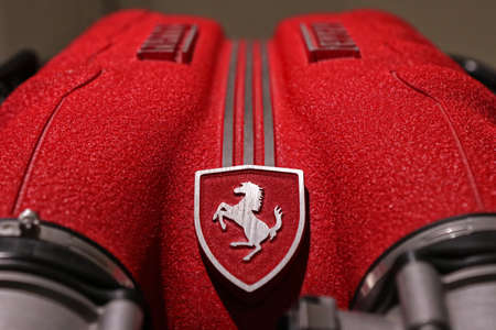 Modena, Italy, December 2021, MEF Ferrari Museum Casa Enzo Ferrari, Ferrari engine detail with brand logoのeditorial素材
