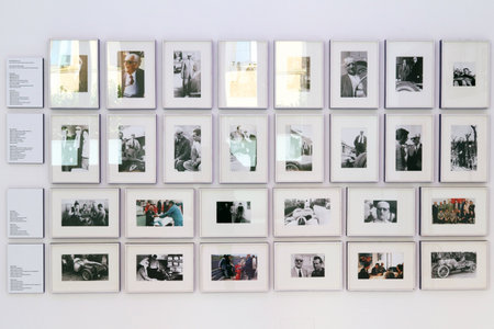 Modena, Italy, December 2021, MEF Ferrari Museum Birthplace of Enzo Ferrari, historical photographic panels inside the museumのeditorial素材