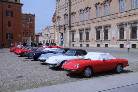 Modena, Italy, april 2023, public automotive exhibition of classic Alfa Romeo Spider Duetto vintage...